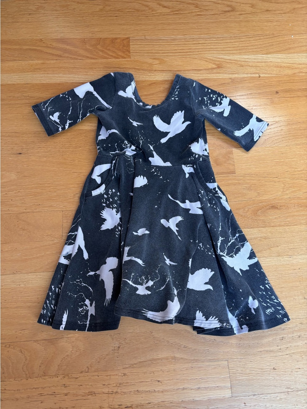 Girls Black Dress with White Bird Print
